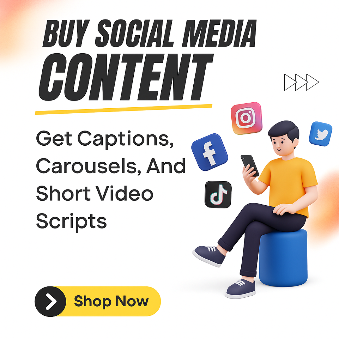 A digital promotional image featuring the headline “Buy Social Media Content.” It shows a character using a phone surrounded by social platform icons, with a bold call-to-action button and creative content design elements in a clean layout.